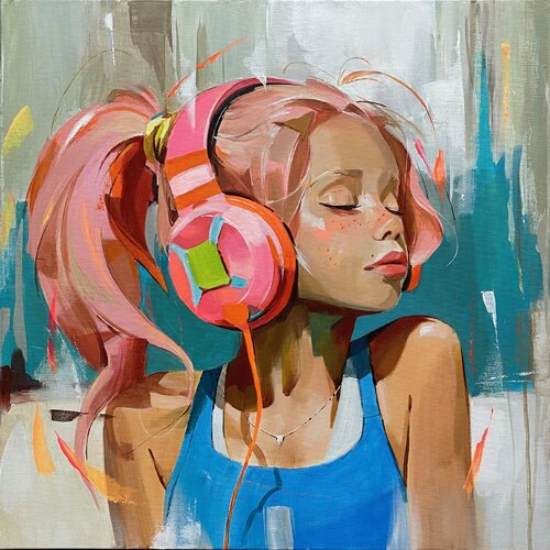 . Pink Summer Beats - Girl with Headphones par Mariia Kotiuzhynska, Peinture en vente sur Singulart