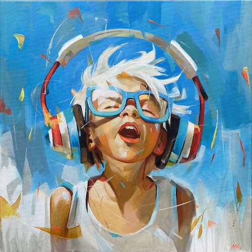 His Summer Beat - Boy with Headphones par Mariia Kotiuzhynska, Peinture en vente sur Singulart
