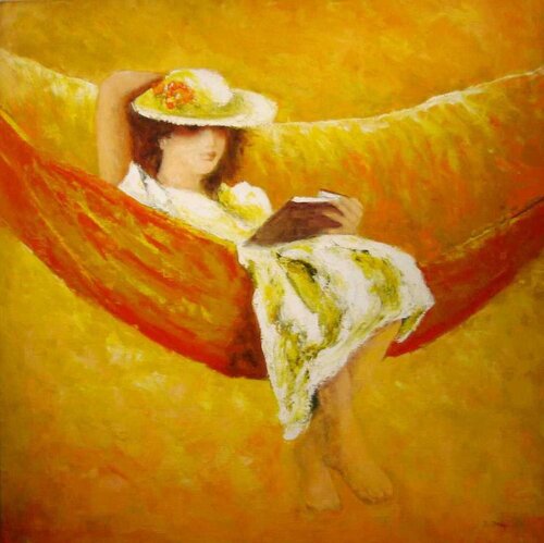 Reading in the hammock di José van Gool, Pittura in vendita su Singulart