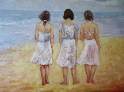 Three Women in White on the Beach by José van Gool, Painting for Sale on Singulart