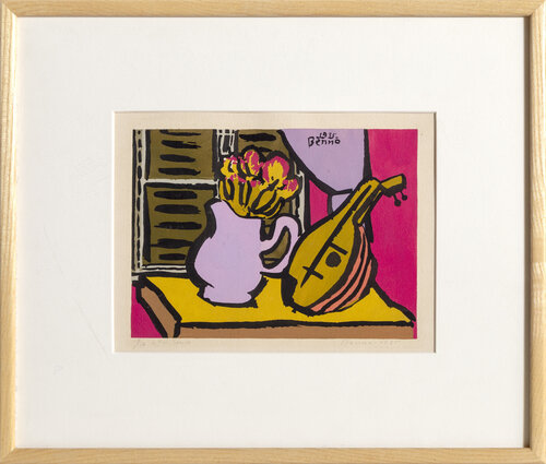 Still Life with Mandolin and Pitcher of Flowers by Benjamin Benno, Print for Sale on Singulart