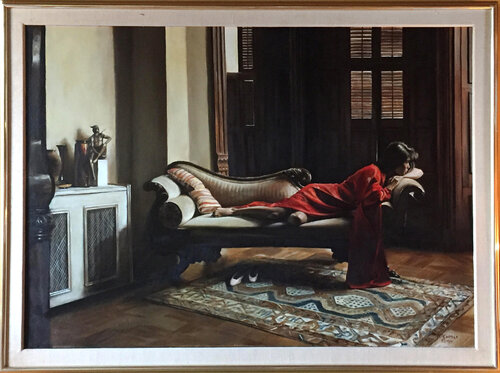 Woman in Red on Divan van Harry McCormick, Schilderij te koop op Singulart