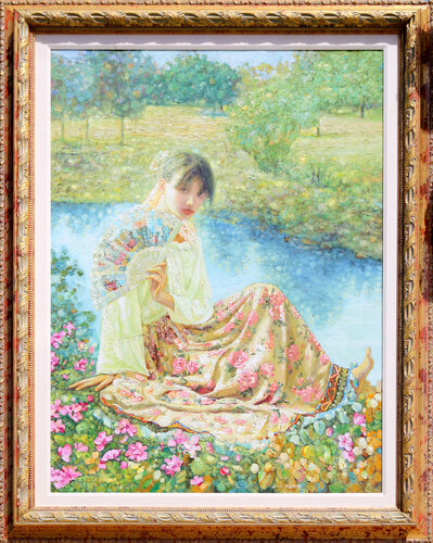 Girl with Fan by the River by Di Li Feng, Painting for Sale on Singulart