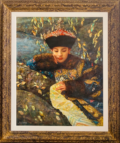 Portrait of Woman by Stream in Traditional Robe and Hat di Di Li Feng, Pittura in vendita su Singulart