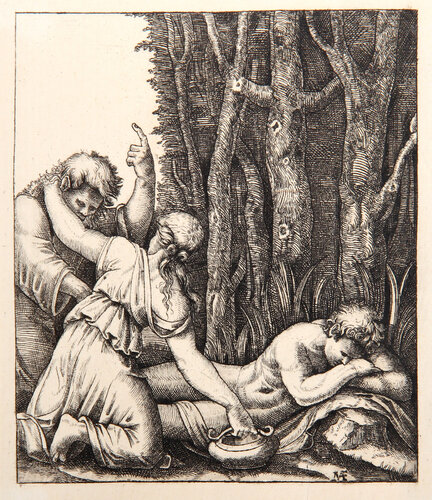 L'homme endormi a l'entree d'un bois van Marcantonio Raimondi, Afdruk te koop op Singulart