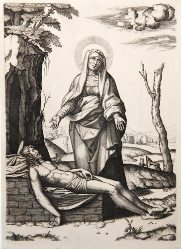 La Vierge pleurant le corps mort de Jesus Christ di Marcantonio Raimondi, Stampa in vendita su Singulart