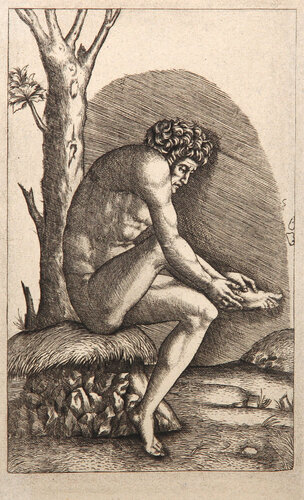 L'homme examinant la blessure de son pied van Marcantonio Raimondi, Afdruk te koop op Singulart
