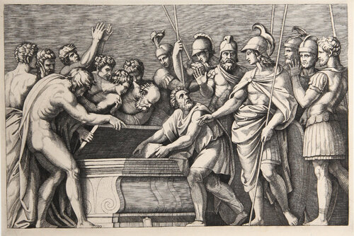 Alexandre faisant serrer les livres d'Homere by Marcantonio Raimondi, 인쇄 for Sale on Singulart