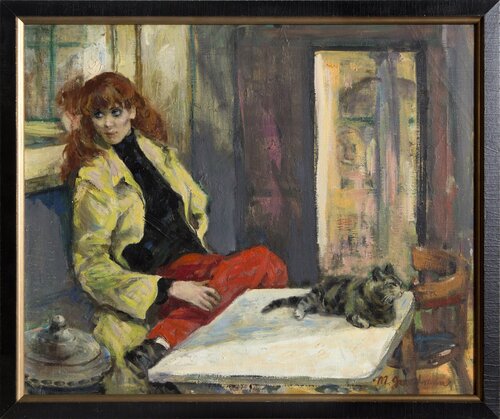 Woman in Yellow Jacket with Cat  van Marshall Goodman, Schilderij te koop op Singulart