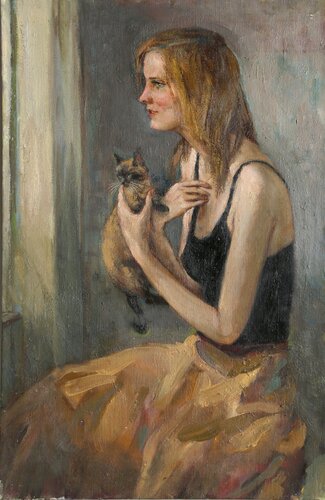 Woman with a Cat van Marshall Goodman, Schilderij te koop op Singulart