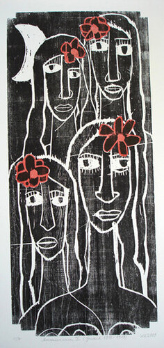 Armenierinnen II (Genozid 1915-1917), Holzschnitt/Unikatscharakter, Urheberrecht Katharina Kretschmer für Singulart von Katharina Kretschmer, Druck kaufen auf Singulart