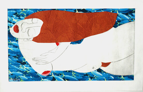 Frau und Fische, Urheberrecht Katharina Kretschmer di Katharina Kretschmer, Opera su carta in vendita su Singulart