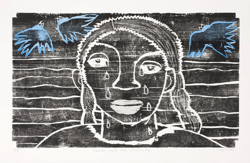 Tränen nach Rose Ausländer, Holzschnitt mehrfarbig / Auflage 7 / Unikatscharakter, Urheberrecht Katharina Kretschmer par Katharina Kretschmer, Édition en vente sur Singulart