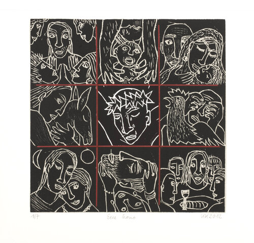 Ecce homo, Holzschnitt mehrfarbig / Auflage 7 / Unikatscharakter, Urheberrecht Katharina Kretschmer von Katharina Kretschmer, Druck kaufen auf Singulart