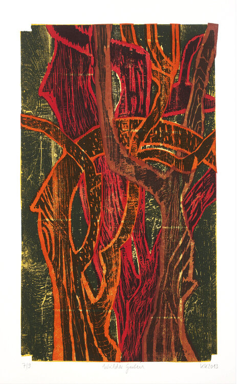 Wilder Garten, Variante II, Holzschnitt mehrfarbig / Auflage 9 / Unikatscharakter, Urheberrecht Katharina Kretschmer Katharina Kretschmer
