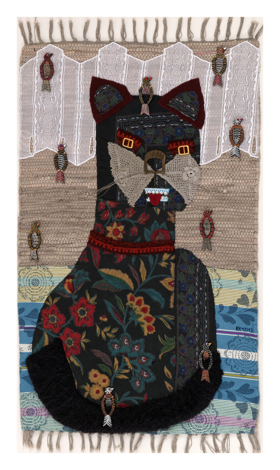 Cat and Birds, Assemblage, Urheberrecht Katharina Kretschmer Katharina Kretschmer Textil zu verkaufen