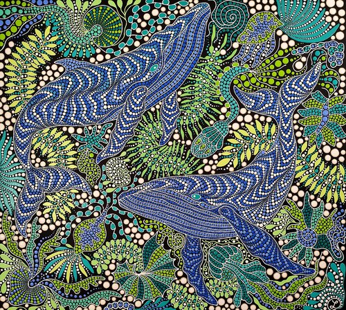 Blue Whales in the Depths van Oxana Lazari, Schilderij te koop op Singulart