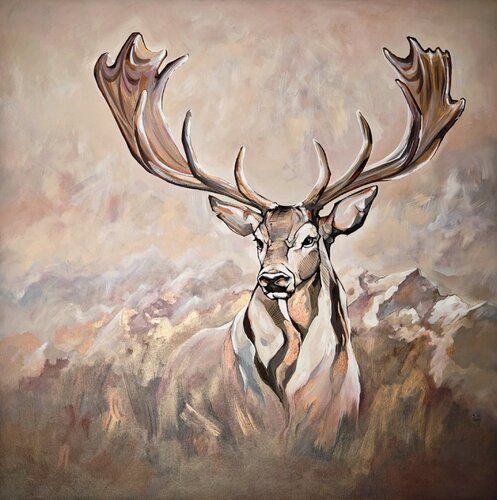 König der Berge (metallic acryl) stolzer Hirsch di Kim Benz, Pittura in vendita su Singulart