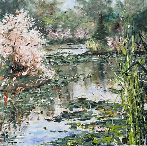 Spring on the lake with lilies van Liliya Kirchberger, Schilderij te koop op Singulart