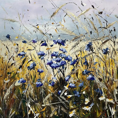 Wheat fields with summer flowers van Liliya Kirchberger, Schilderij te koop op Singulart