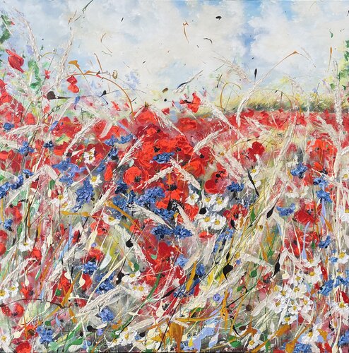 Fields with poppy flowers in summer von Liliya Kirchberger, Malerei kaufen auf Singulart