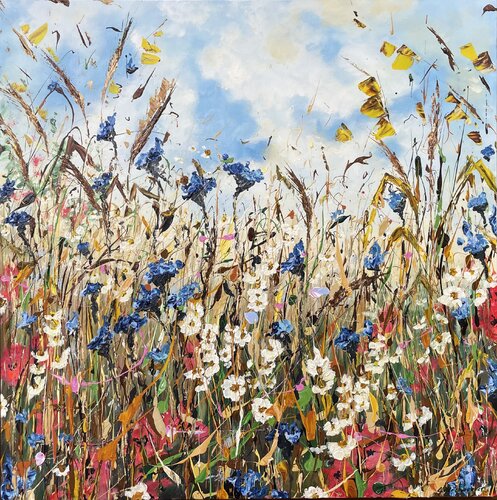 Fields with wild summer flowers and poppies van Liliya Kirchberger, Schilderij te koop op Singulart