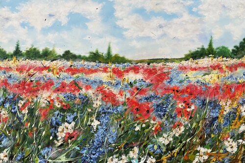 Valley with poppy flowers and daisies van Liliya Kirchberger, Schilderij te koop op Singulart