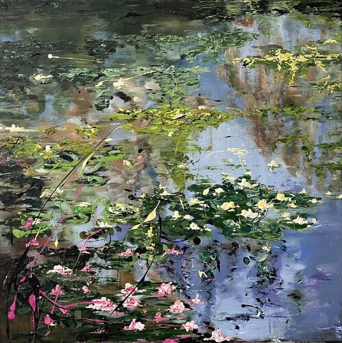 Pond with water lilies de Liliya Kirchberger, Pintura a la venta en Singulart