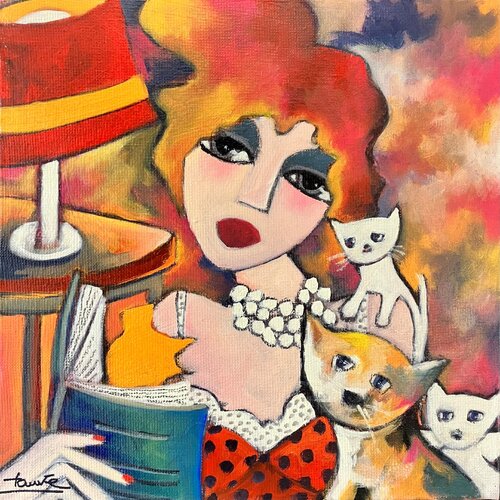 La romancière et ses chats van Fauve, Schilderij te koop op Singulart