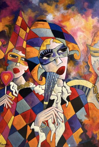 Arlequin et ses convives van Fauve, Schilderij te koop op Singulart