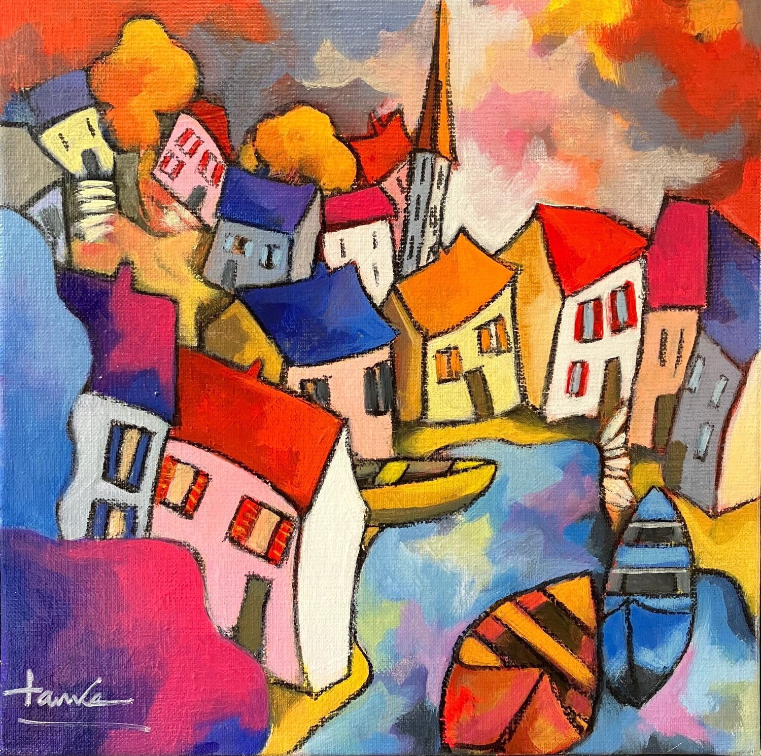 Village en bord de mer Fauve Dipinto originale in vendita