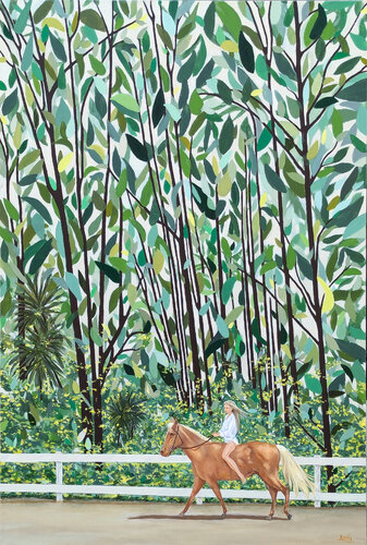 “Forest Ride” Contemporary Horse Riding Figure Through Green Foliage de Jennifer Lively, Pintura a la venta en Singulart