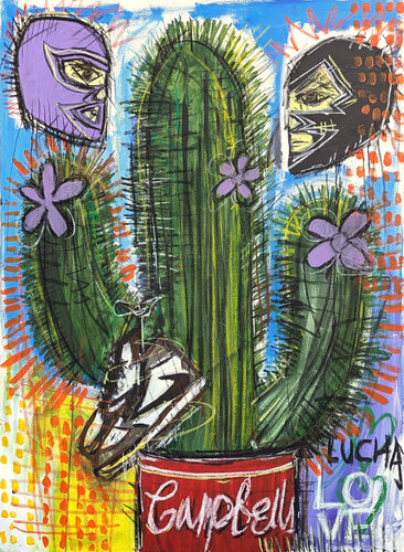 Contemporary Colorful Abstract Cactus, Campbell's Soup, and Luchador Painting di Ramon Severino, Pittura in vendita su Singulart