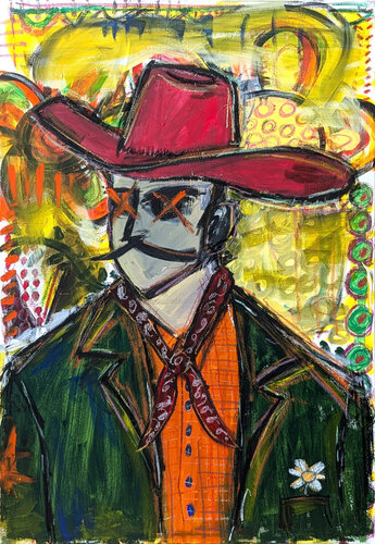 Contemporary Colorful Red, Yellow, Green, & Orange Abstract Cowboy Painting di Ramon Severino, Pittura in vendita su Singulart