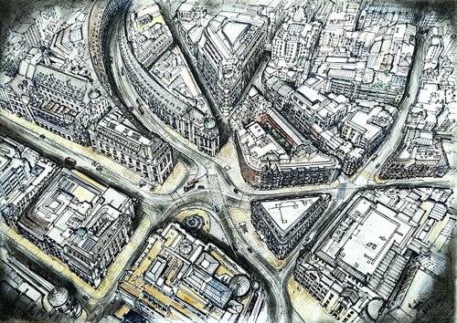 Aerial view of central london di Tejbir Singh, Pittura in vendita su Singulart
