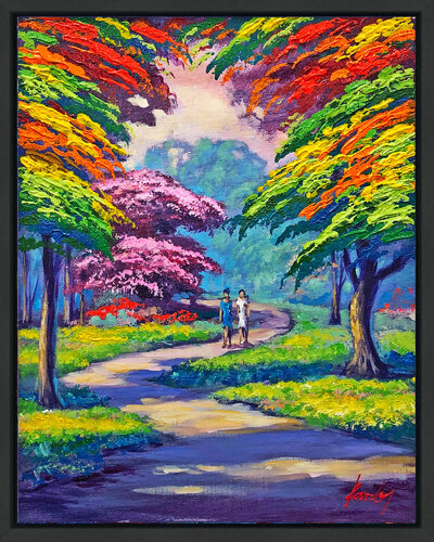 Walk with my Friend (framed original painting on canvas) di Janos Kardos, Pittura in vendita su Singulart