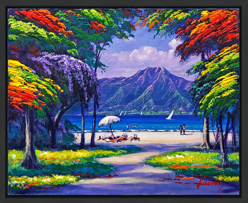 Day at the Beach (framed original painting on canvas) di Janos Kardos, Pittura in vendita su Singulart