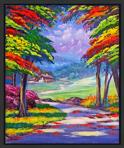 The House in the Woods (framed original painting on canvas) di Janos Kardos, Pittura in vendita su Singulart