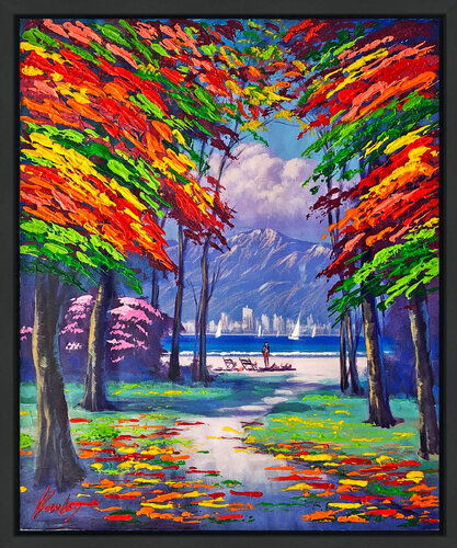 Weekend on the Beach (framed original painting on canvas) di Janos Kardos, Pittura in vendita su Singulart