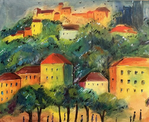 City in the Sunset Glow par Irina Anis, Peinture en vente sur Singulart