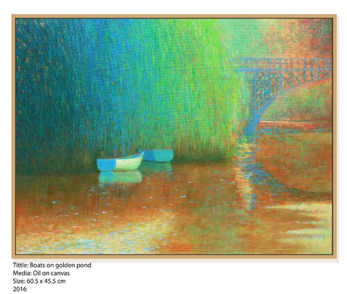 Boats on golden pond by Eddie Chiu, Painting for Sale on Singulart