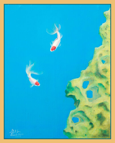 Golden fishes & rock di Eddie Chiu, Pittura in vendita su Singulart