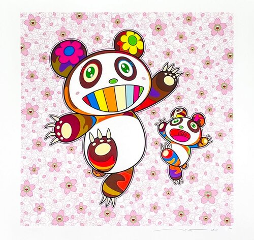 Panda mother and baby in a flurry of cherry blossom petals ( Panda Parent and Cub in a Shower of Cherry Blossoms) by Takashi Murakami, Print for Sale on Singulart