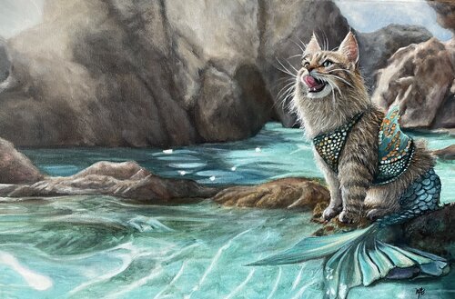 Cat Mermaid van Maria Arias, Schilderij te koop op Singulart