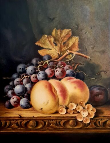 Eine Kopie des Gemäldes "Stillleben mit Pfirsichen, Trauben und weißen Johannisbeeren" von Edward Ladell. von Anna Lang, Malerei kaufen auf Singulart
