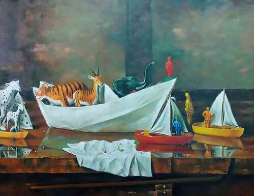 Paper Boat with Animals by Juan Rodrigo Piedrahita Escobar, Painting for Sale on Singulart