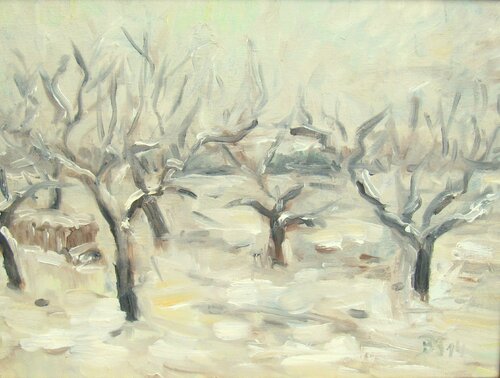 APFELBÄUME IM SCHNEE par Barbara Schauß, Peinture en vente sur Singulart
