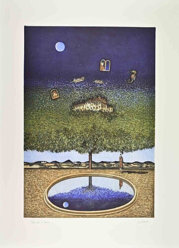 Dreamlike Landscape with Tree, Moon and Reflections by Franco Fortunato, Print for Sale on Singulart