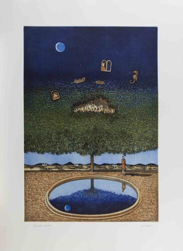 Dreamlike Landscape with Tree, Moon and Reflections van Franco Fortunato, Afdruk te koop op Singulart