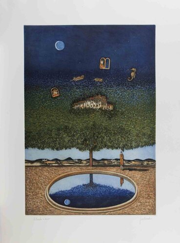 Dreamlike Landscape with Tree, Moon and Reflections di Franco Fortunato, Stampa in vendita su Singulart